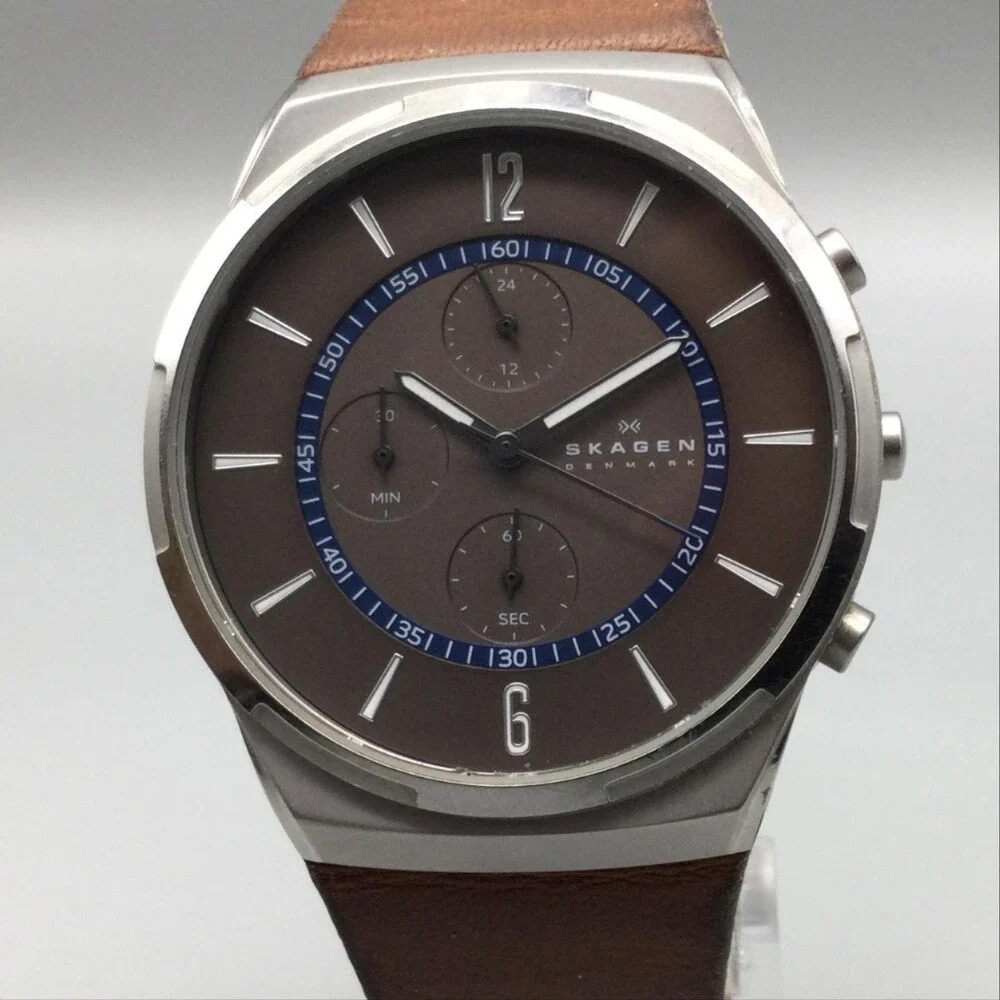 Skagen Melbye SKW6065 Mens Watch 42mm Chronograph Brown Leather New Battery